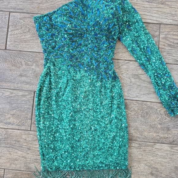 Rachel Allan Teal Sequin Beaded Homecoming Formal Fringe Prom Shoulder Dress 0 - Picture 9 of 9